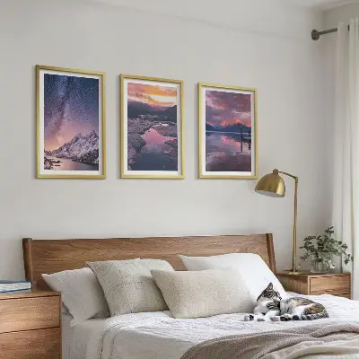 Set of 3 framed wall art pieces featuring beautiful mountain and water landscapes