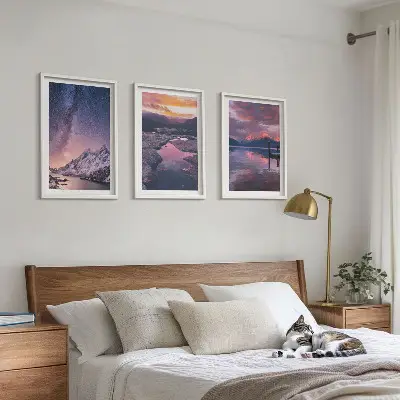 Set of 3 framed wall art pieces featuring beautiful mountain and water landscapes