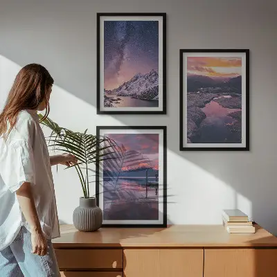 Set of 3 framed wall art pieces featuring beautiful mountain and water landscapes