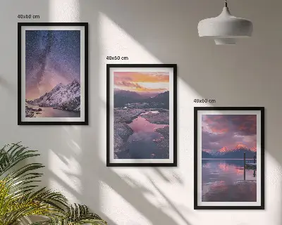 Set of 3 framed wall art pieces featuring beautiful mountain and water landscapes