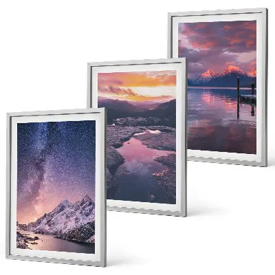 Set of 3 framed wall art pieces featuring beautiful mountain and water landscapes