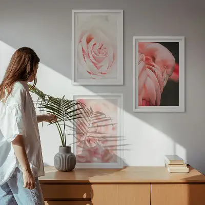 Wall art set featuring delicate pastel pink flamingos
