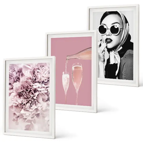 Set of 3 framed wall art pieces with rose flowers and an elegant lady