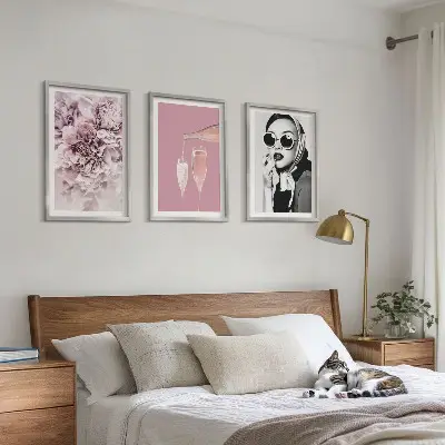 Set of 3 framed wall art pieces with rose flowers and an elegant lady