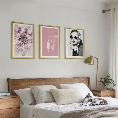 Set of 3 framed wall art pieces with rose flowers and an elegant lady