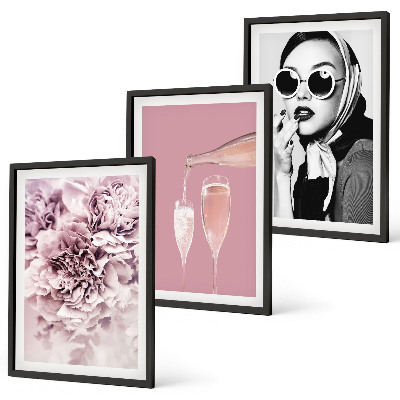 Set of 3 framed wall art pieces Rose flowers and an elegant lady