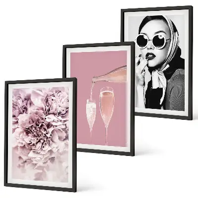 Set of 3 framed wall art pieces with rose flowers and an elegant lady