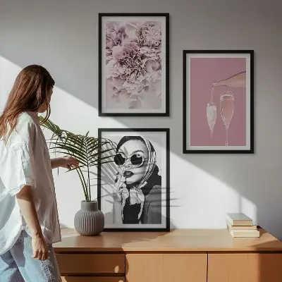 Set of 3 framed wall art pieces with rose flowers and an elegant lady