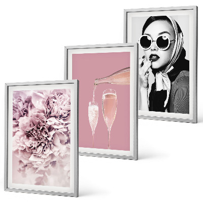 Set of 3 framed wall art pieces Rose flowers and an elegant lady