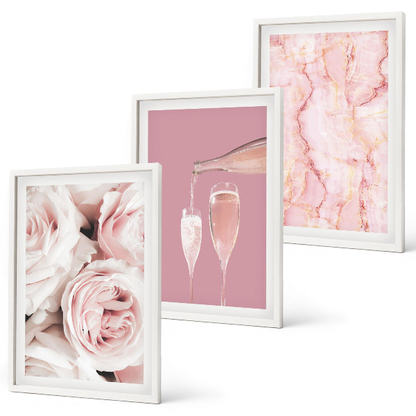 Three-piece wall art piece Champagne roses marble background
