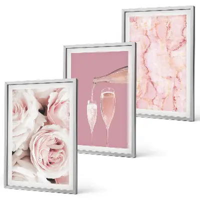 Three-piece wall art set champagne roses with a marble background