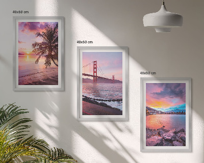Set of 3 framed wall art pieces Sunset bridge landscape