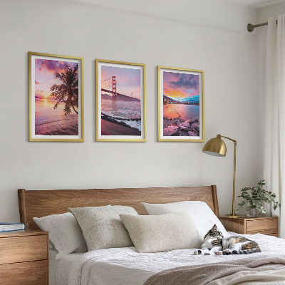Set of 3 framed wall art pieces Sunset bridge landscape