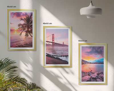 Set of 3 framed wall art pieces Sunset bridge landscape