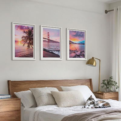 Set of 3 framed wall art pieces Sunset bridge landscape