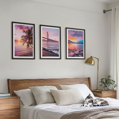 Set of 3 framed wall art pieces Sunset bridge landscape
