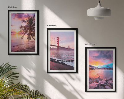 Set of 3 framed wall art pieces Sunset bridge landscape