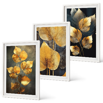 Three-piece wall art piece Yellow leaves on a dark background