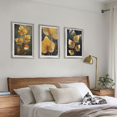 Three-piece wall art piece Yellow leaves on a dark background