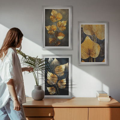 Three-piece wall art piece Yellow leaves on a dark background