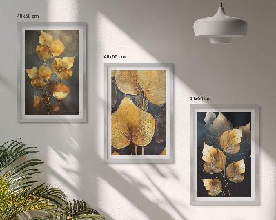 Three-piece wall art piece Yellow leaves on a dark background