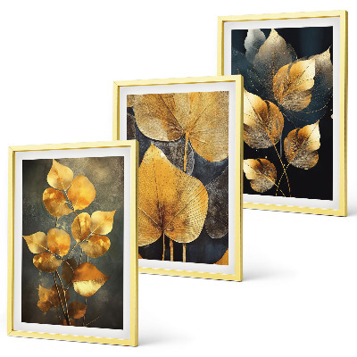 Three-piece wall art piece Yellow leaves on a dark background