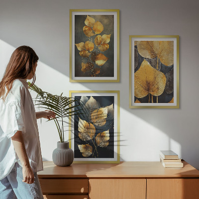 Three-piece wall art piece Yellow leaves on a dark background