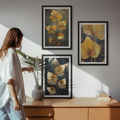 Three-piece wall art piece Yellow leaves on a dark background