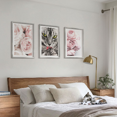 Set of 3 framed wall art pieces Cat in pink flowers