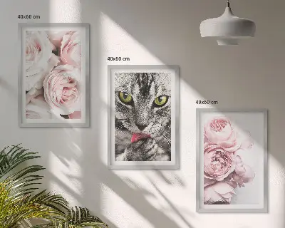 Set of 3 framed wall art pieces featuring a cat in pink flowers