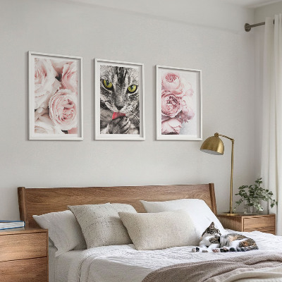 Set of 3 framed wall art pieces Cat in pink flowers
