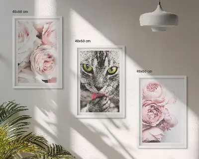 Set of 3 framed wall art pieces featuring a cat in pink flowers