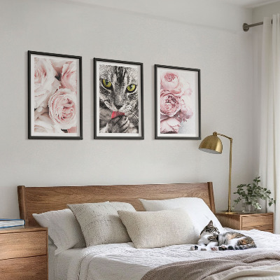 Set of 3 framed wall art pieces Cat in pink flowers