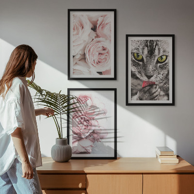 Set of 3 framed wall art pieces Cat in pink flowers