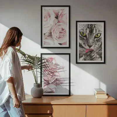 Set of 3 framed wall art pieces featuring a cat in pink flowers