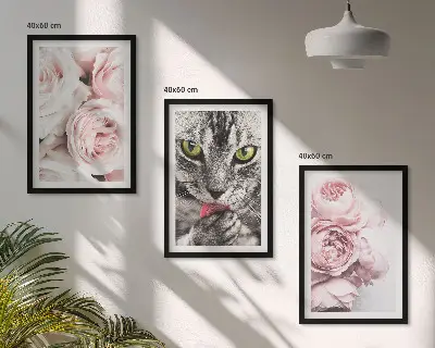 Set of 3 framed wall art pieces featuring a cat in pink flowers