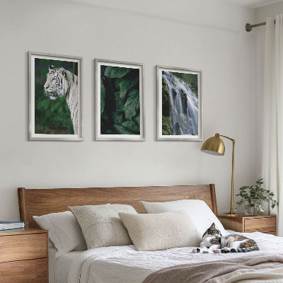 Set of 3 framed wall art pieces White tiger leaves waterfall