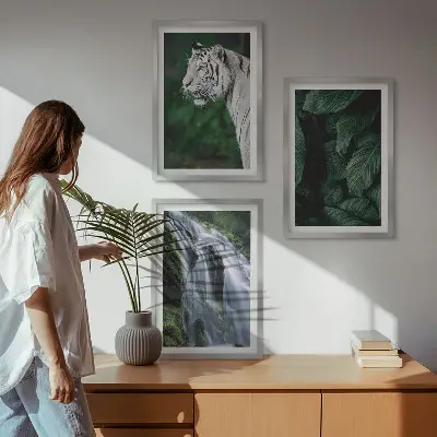 Set of 3 framed wall art pieces featuring a white tiger in a jungle waterfall