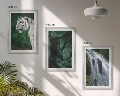 Set of 3 framed wall art pieces featuring a white tiger in a jungle waterfall