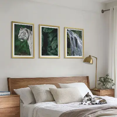 Set of 3 framed wall art pieces featuring a white tiger in a jungle waterfall