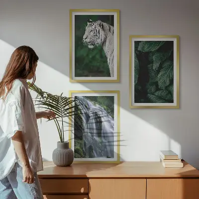 Set of 3 framed wall art pieces featuring a white tiger in a jungle waterfall