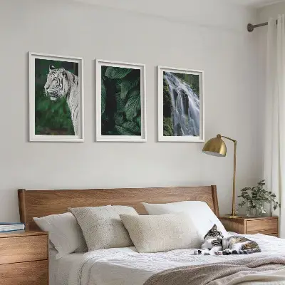 Set of 3 framed wall art pieces featuring a white tiger in a jungle waterfall
