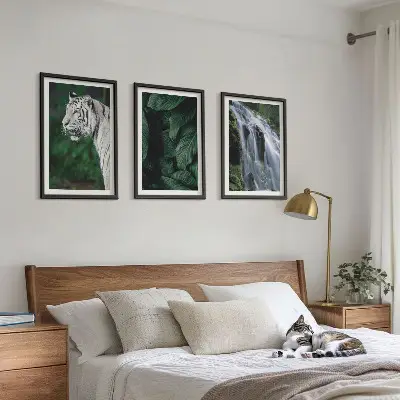 Set of 3 framed wall art pieces featuring a white tiger in a jungle waterfall