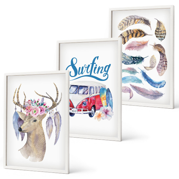 Three-piece wall art piece Antlered deer flowers van