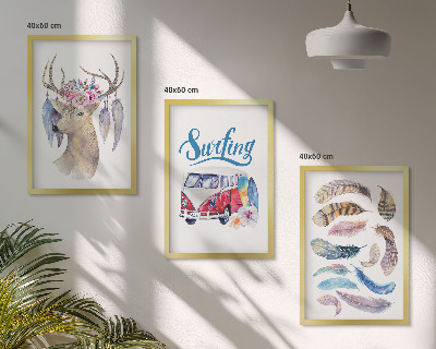 Three-piece wall art piece Antlered deer flowers van