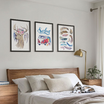 Three-piece wall art piece Antlered deer flowers van