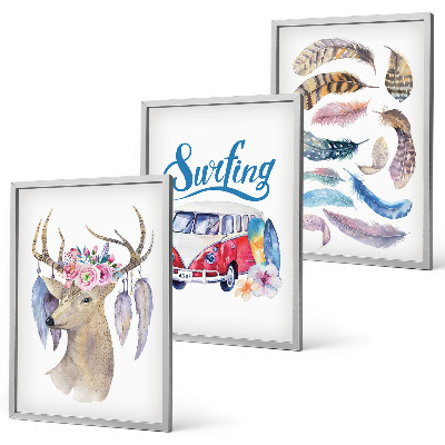Three-piece wall art piece Antlered deer flowers van