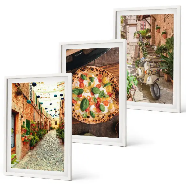 Set of 3 framed wall art pieces featuring charming streets with pizza