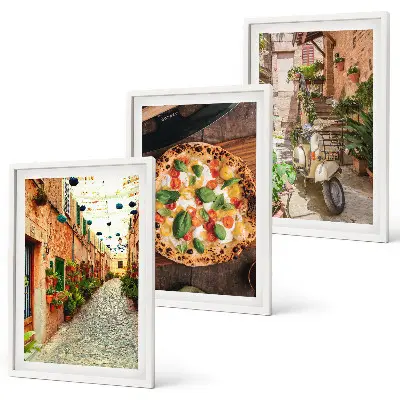 Set of 3 framed wall art pieces Charming streets with pizza