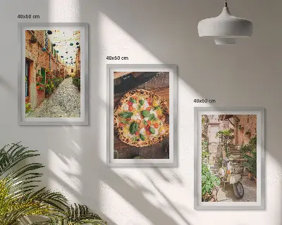 Set of 3 framed wall art pieces featuring charming streets with pizza
